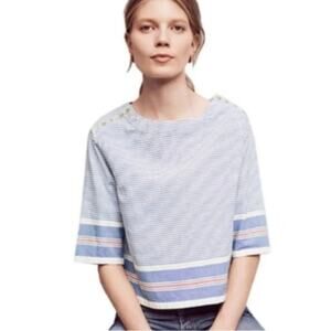 Anthropologie Maeve Sullivan Nautical Top Blue White Stripe Boxy Oversized Tee